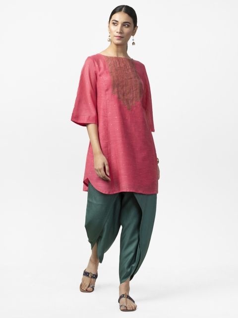 

Fabindia Women Pink & Green Yoke Design Kurta with Dhoti Pants