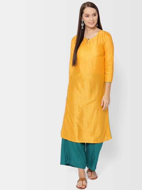 

Fabindia Women Mustard Yellow & Green Slim Fit Printed Straight Kurta