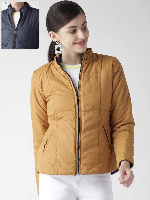 

Fort Collins Women Mustard Yellow & Navy Blue Solid Reversible Jacket
