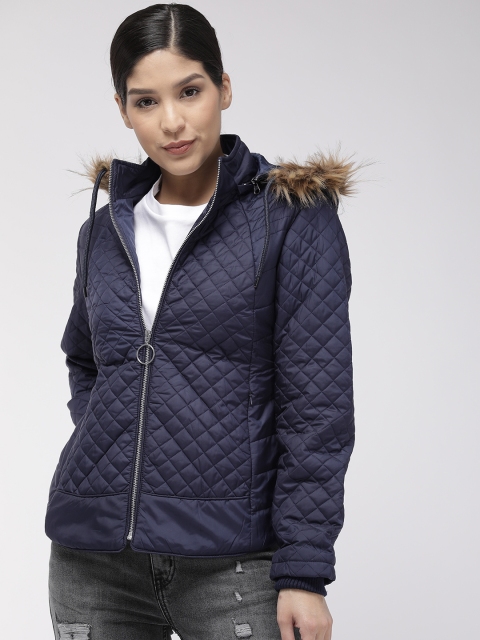 

Fort Collins Women Navy Blue Solid Quilted Jacket with Detachable Hood