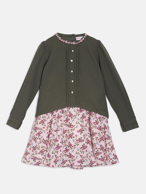 

Peppermint Girls Olive Green & Pink Solid Shirt with Skirt