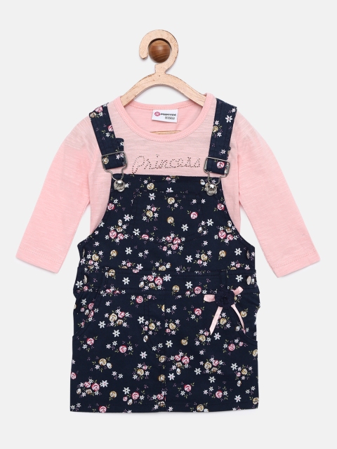 

Peppermint Girls Navy Blue & Peach Printed Dungaree