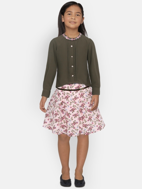 

Peppermint Girls Olive Green Solid Shirt Top With Skirt