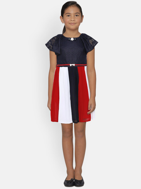 

Peppermint Girls Colourblocked Navy Blue & Red Fit and Flare Dress