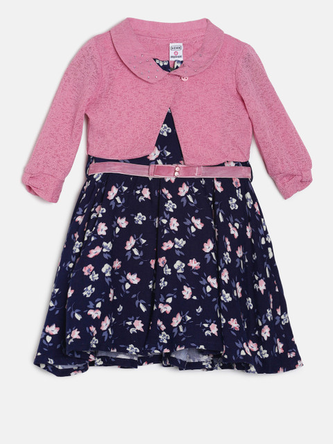 

Peppermint Girls Printed Navy Blue & Pink Fit and Flare Dress with Shrug