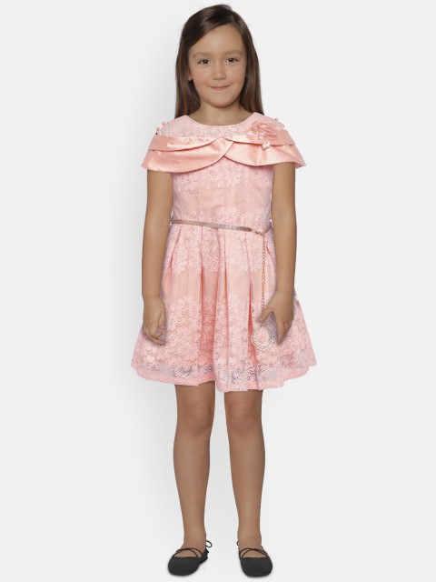 

Peppermint Girls Self Design Peach-Coloured Fit and Flare Dress