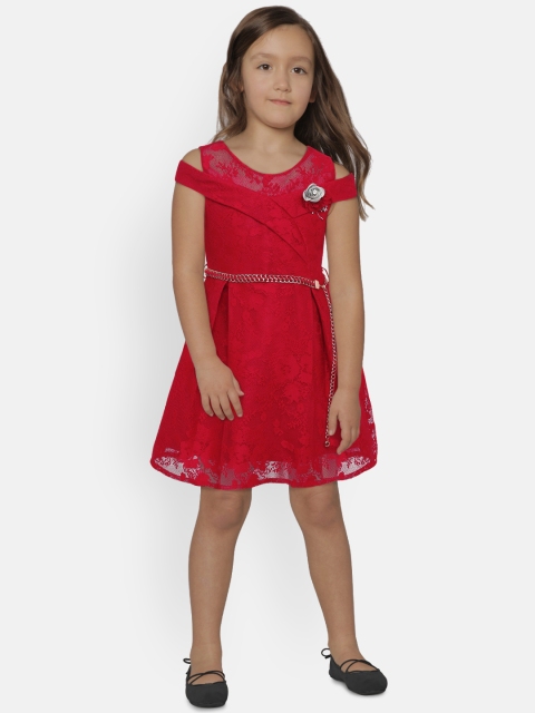 

Peppermint Girls Self Design Red Fit and Flare Dress