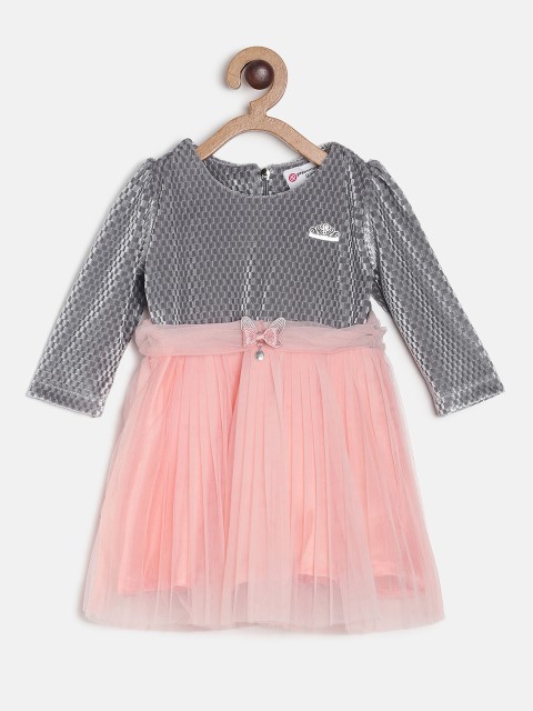

Peppermint Girls Grey & Peach-Coloured Self Design Fit and Flare Dress