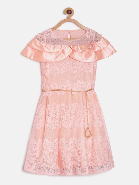 

Peppermint Girls Self Design Peach-Coloured Fit and Flare Dress
