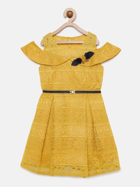 

Peppermint Girls Self Design Mustard Fit and Flare Dress