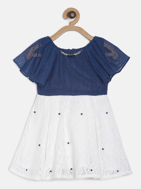 

Peppermint Girls Navy Blue & White Colourblocked Fit and Flare Dress