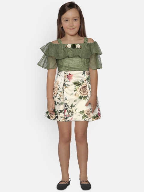 

Peppermint Girls Olive Green & Beige Printed Fit and Flare Dress