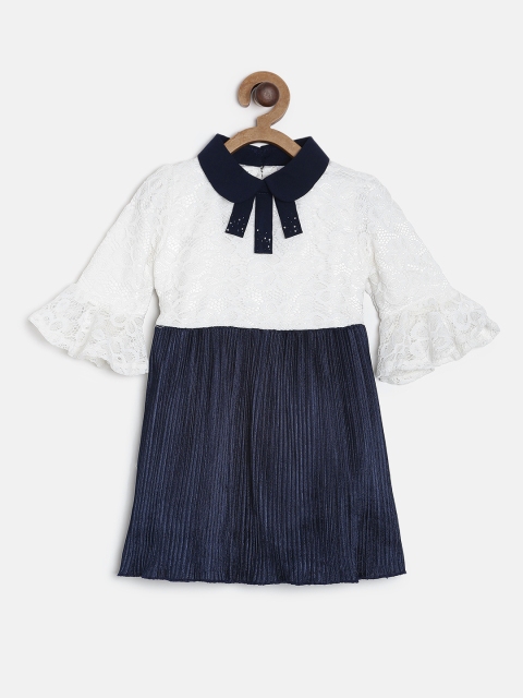 

Peppermint Girls Colourblocked Navy Blue & White Fit and Flare Dress