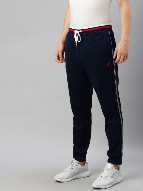 

Nautica Men Navy Blue Solid Slim Fit Joggers with Side Stripe Detail