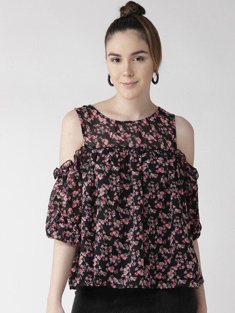 

QUIERO Women Black & Pink Floral Print Cold Shoulder A-Line Top