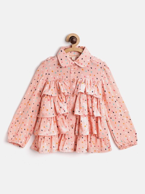 

Hugsntugs Girls Peach-Coloured Regular Fit Printed Casual Shirt with Ruffle Detail