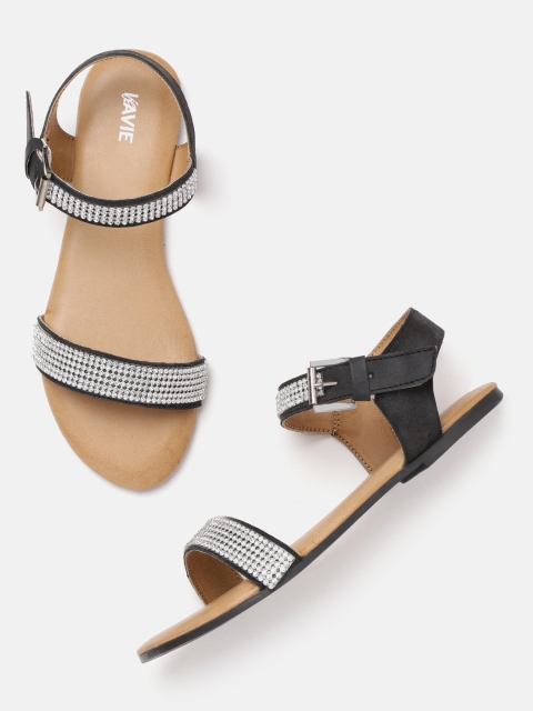 

Lavie Women Silver-Toned & Black Studded Open Toe Flats