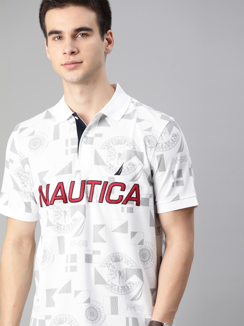 

Nautica Men White & Grey Printed Polo Collar T-shirt