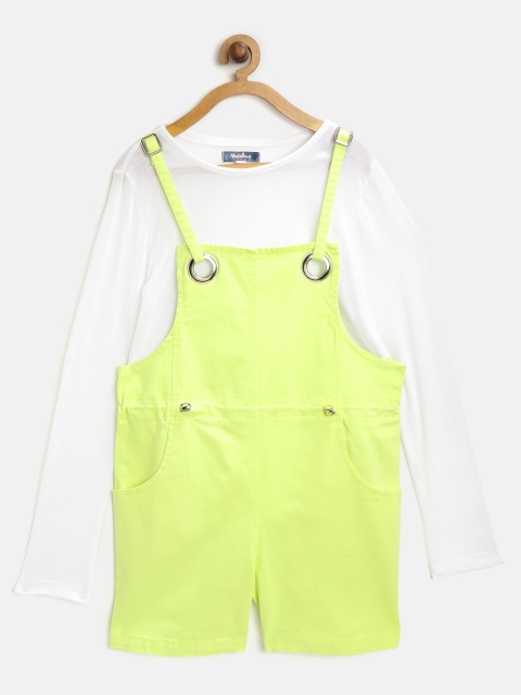 

Natilene Girls White & Fluorescent Green Solid T-shirt with Dungarees