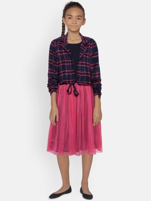 

Natilene Girls Navy Blue & Pink Net Colourblocked Fit & Flare Dress with Open Front Blazer
