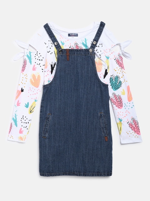 

Natilene Girls Navy Blue & White Denim Pinafore Dress with Quirky Printed Top