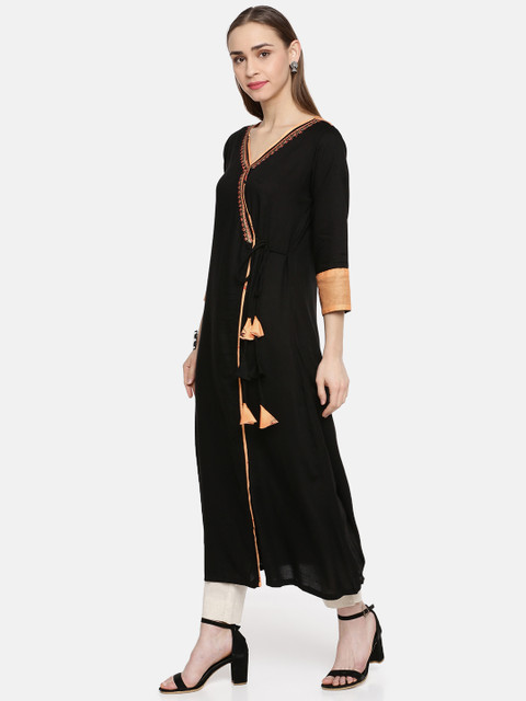 

Kvsfab Women Black & Orange Embroidered A-Line Angrakha Kurta