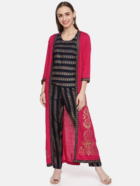 

Kvsfab Women Navy Blue & Gold-Toned Printed Top with Trousers & Ethnic Jacket