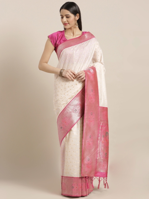 

Varkala Silk Sarees Cream-Coloured & Pink Silk Cotton Woven Design Banarasi Saree