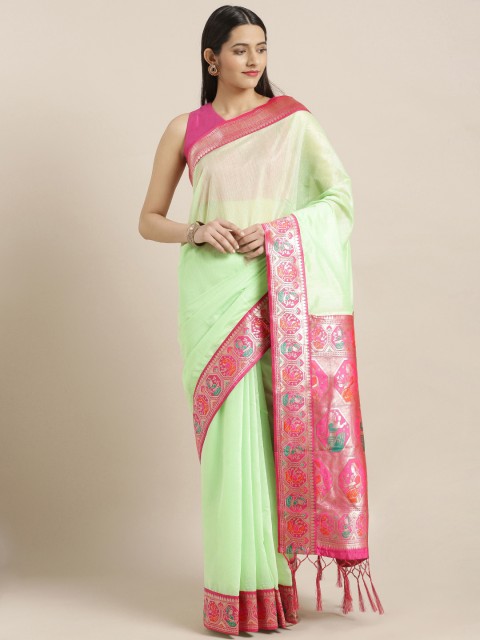 

Varkala Silk Sarees Fluorescent Green & Pink Silk Cotton Solid Banarasi Saree