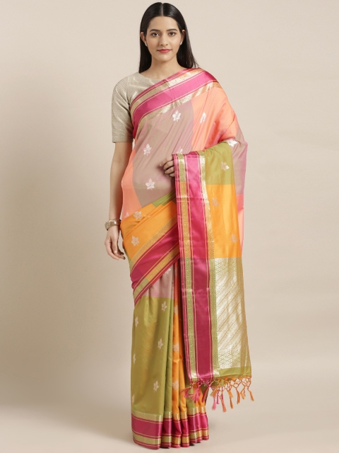 

Varkala Silk Sarees Mustard Yellow & Green Silk Blend Woven Design Kanjeevaram Saree