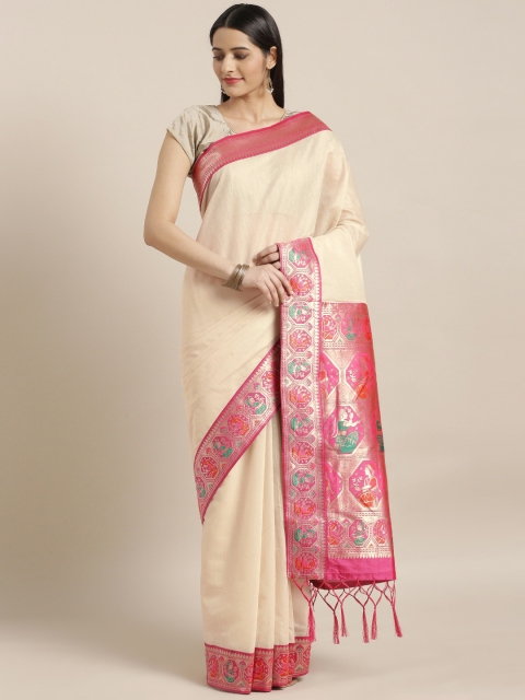 

Varkala Silk Sarees Cream-Coloured & Pink Silk Cotton Solid Banarasi Saree