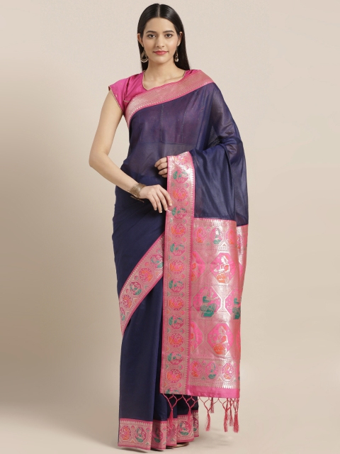 

Varkala Silk Sarees Navy Blue & Pink Silk Cotton Solid Banarasi Saree
