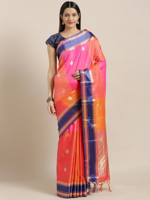 

Varkala Silk Sarees Pink & Coral Orange Silk Blend Colourblocked Kanjeevaram Saree