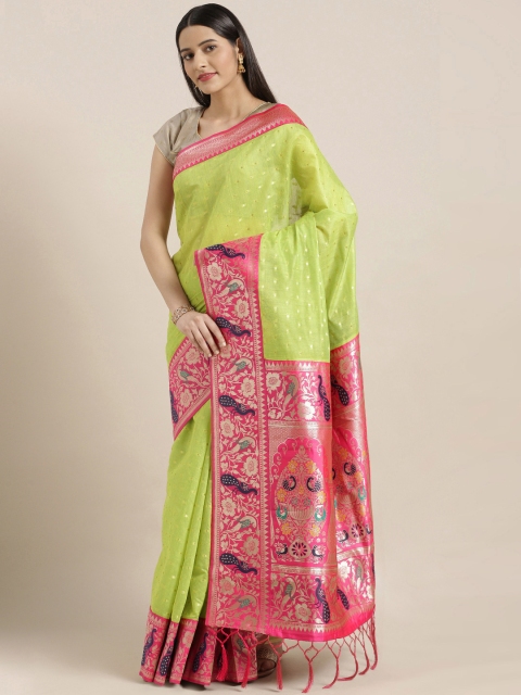 

Varkala Silk Sarees Fluorescent Green & Pink Silk Cotton Woven Design Paithani Saree