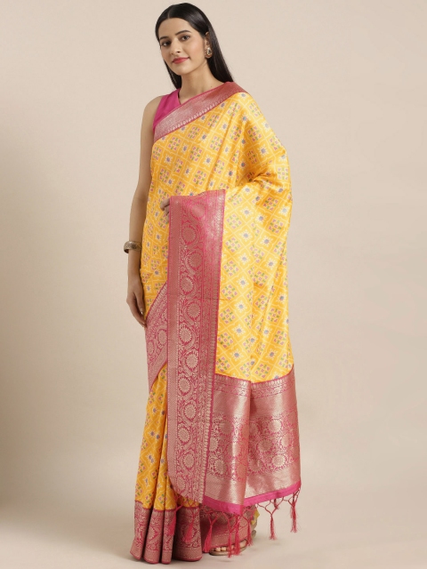 

Varkala Silk Sarees Yellow & Pink Poly Silk Printed Banarasi Saree