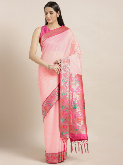 

Varkala Silk Sarees Pink & Orange Silk Cotton Solid Banarasi Saree