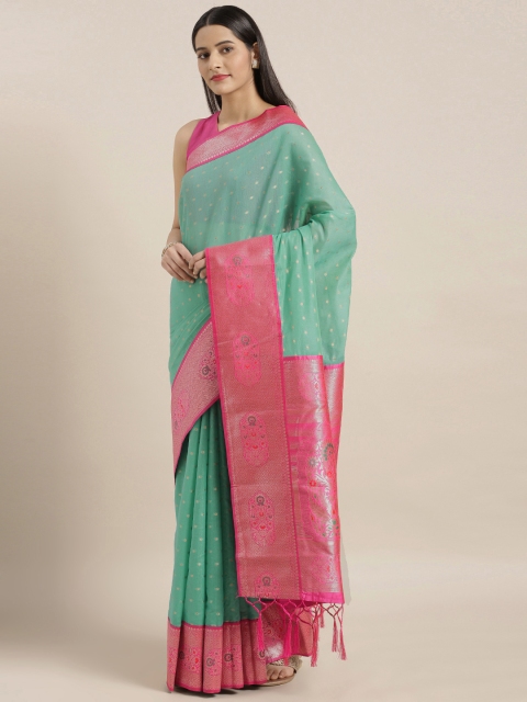 

Varkala Silk Sarees Teal Green & Pink Silk Cotton Woven Design Banarasi Saree
