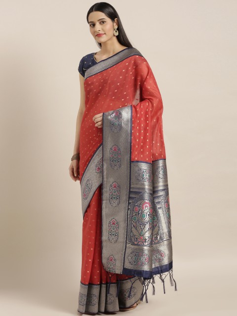 

Varkala Silk Sarees Red & Navy Blue Silk Cotton Woven Design Banarasi Saree