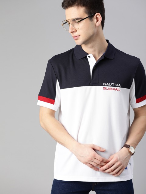 

Nautica Men White & Navy Blue Colourblocked Polo Collar T-shirt