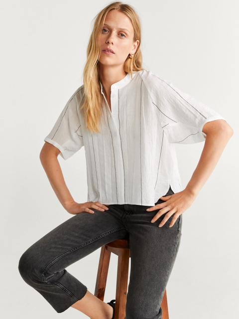 

MANGO Women White & Black Striped Shirt Style Top