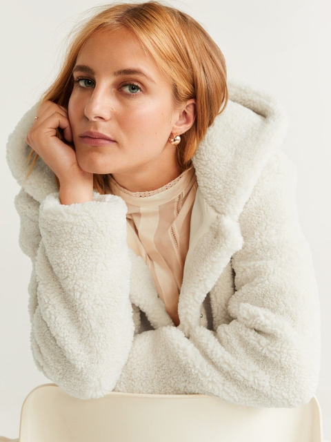 

MANGO Women Off-White Solid Hooded Faux Shearling Tailored Jacket