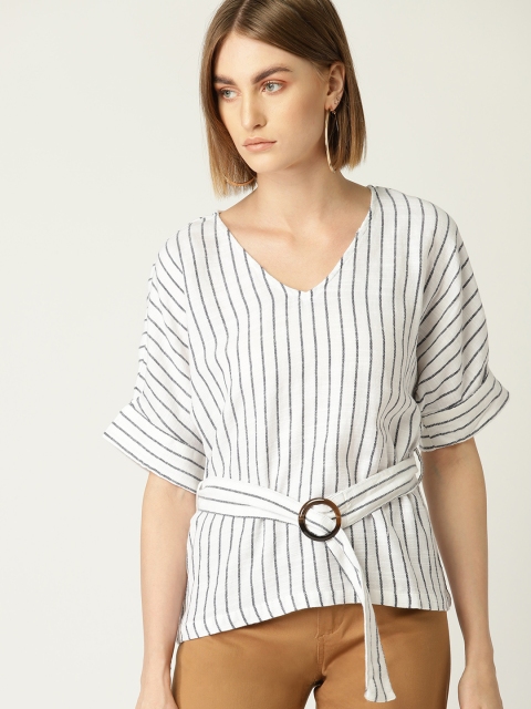 

MANGO Women White & Navy Blue Self-Striped Cinched Waist Top
