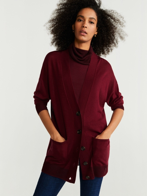 

MANGO Women Maroon Solid Cardigan