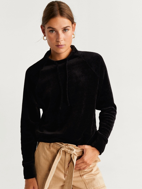 

MANGO Women Black Velvet Finish Solid Sweatshirt