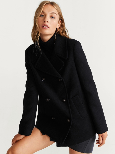 

MANGO Women Black Solid Double-Breasted Peacoat