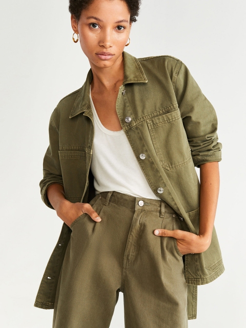 

MANGO Women Olive Green Solid Denim Jacket
