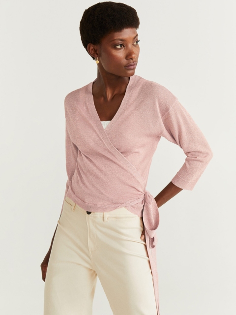 

MANGO Women Pink Shimmery Effect Wrap Top