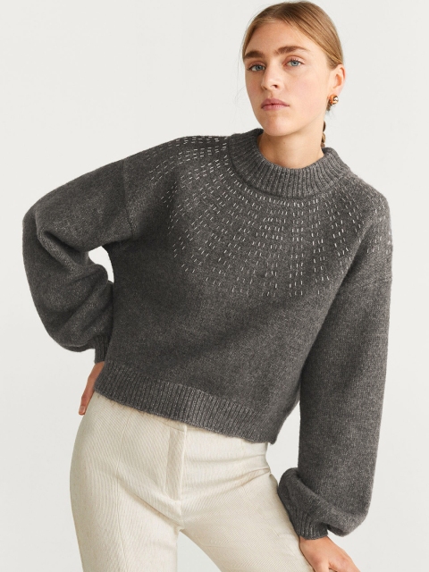 

MANGO Women Charcoal Grey Solid Pullover Sweater With Metallic Details