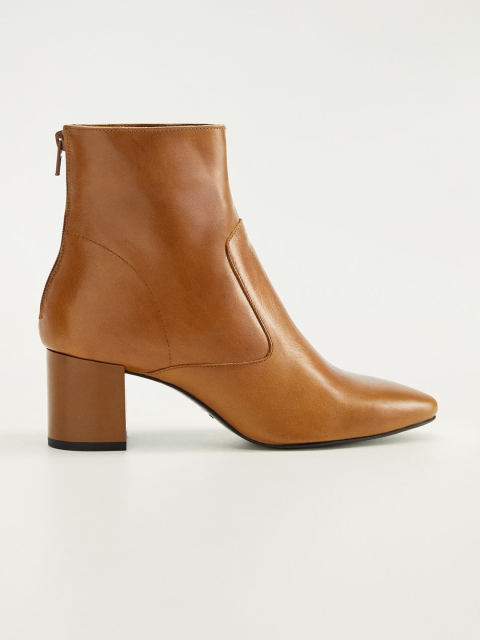 

MANGO Women Tan Brown Leather Solid Mid-Top Heeled Boots