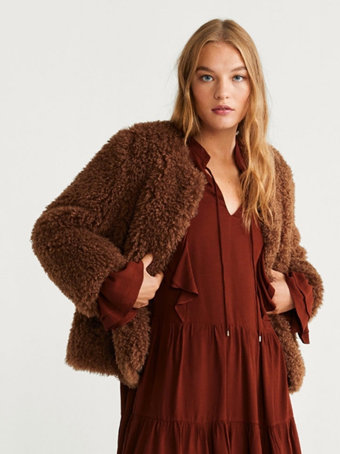 

MANGO Women Brown Solid Open Front Faux Fur Jacket